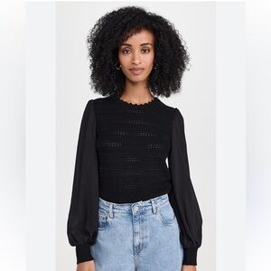 A394 BANJANAN Rosie Crochet Mix Crew Neck Black Cashmere Wool blend Sz M